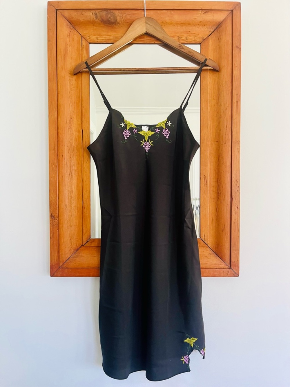 Y2K Black Slip Dress with Grapevine Embroidery